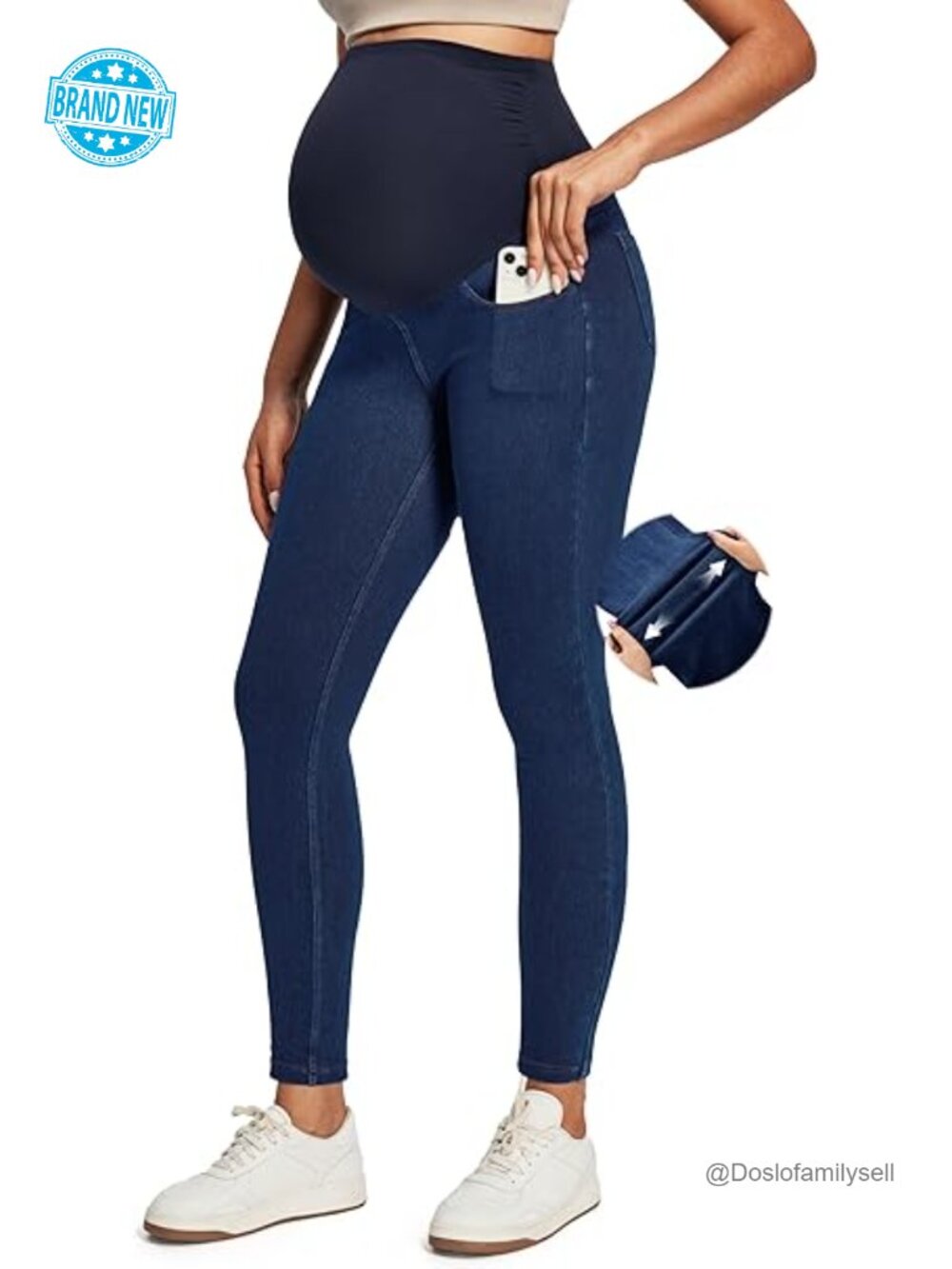 Stretchy Maternity Jeans Over Belly Skinny High Waisted with Pockets